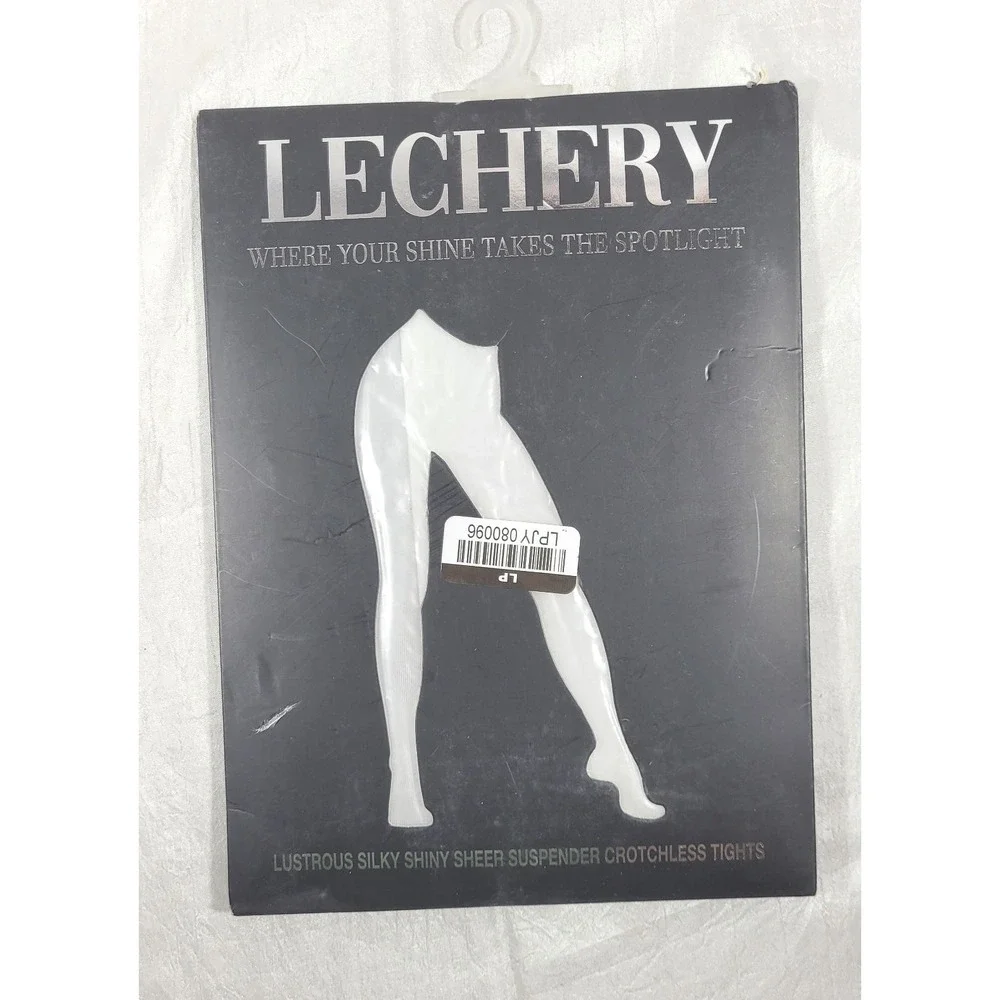 Lechery Women's Silky Shiny Sheer Suspender Crotchless Tights - White - S/M